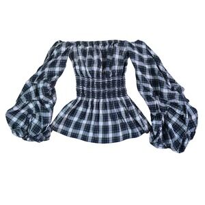 Petersyn Top Womens XS Tartan Plaid Puff Sleeve Smocked Peplum Off Shoulder